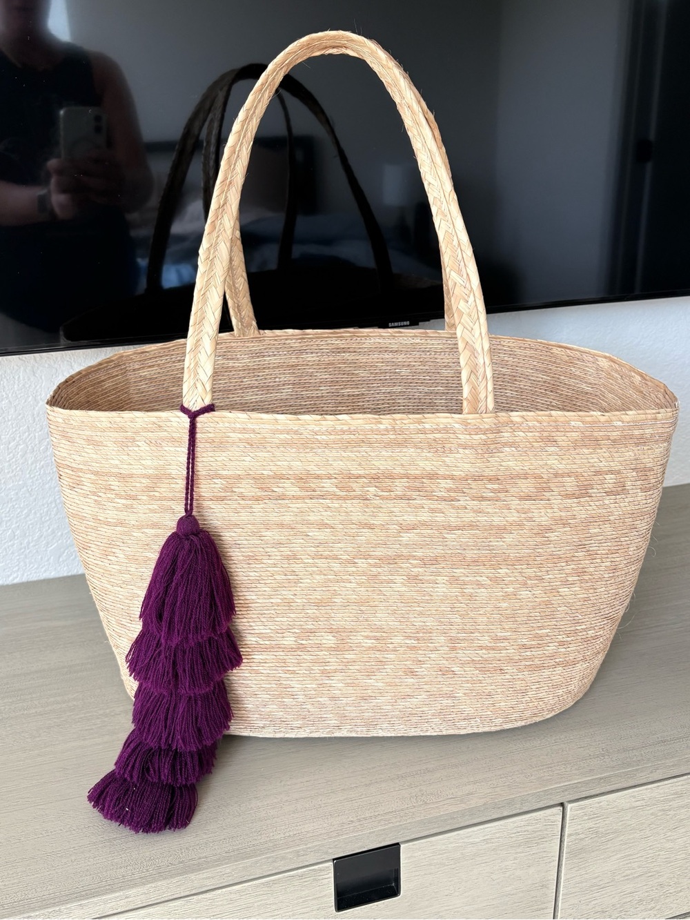 Extra Large Woven Tote Bag with Purple Tassel. Handmade in Mexico